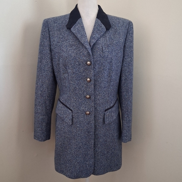 Escada Cashmere Women's Blue Herringbone Jacket Size Medium - Picture 1 of 9